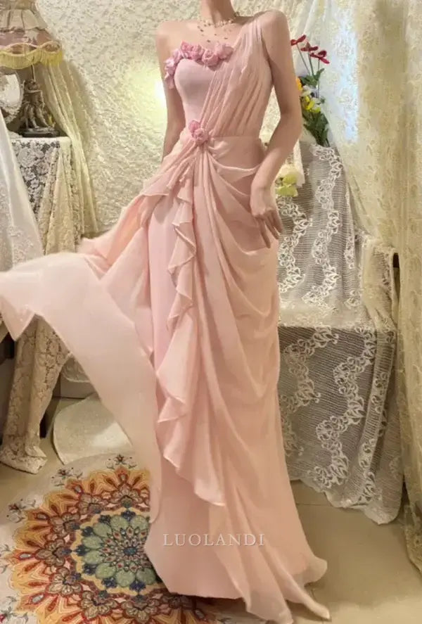 Luolandi Charming One Shoulder Ruffles Long Formal Prom Dresses With Flowers Pretty Birthday Party Dress Chi Evening Dress No With Gloves