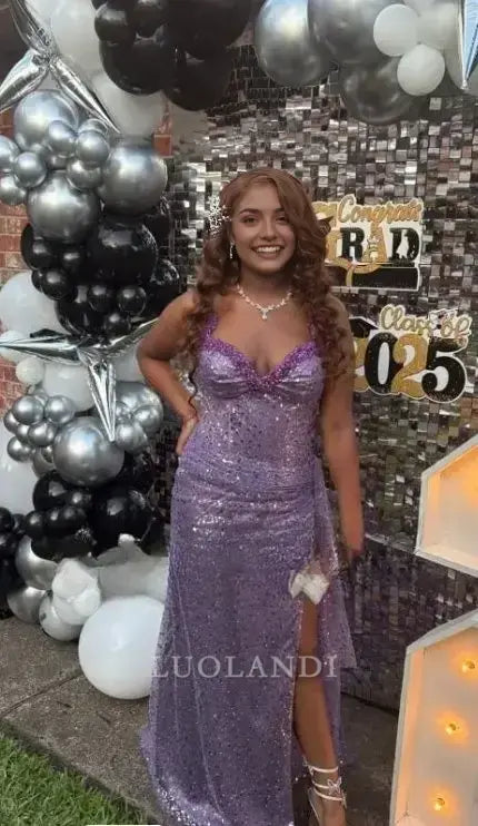 Luolandi Charming Purple Strapless Sleeveless Sequins Long Formal Prom Dress With Slit Black Girl Birthday Party Dress Sexy Evening Gown