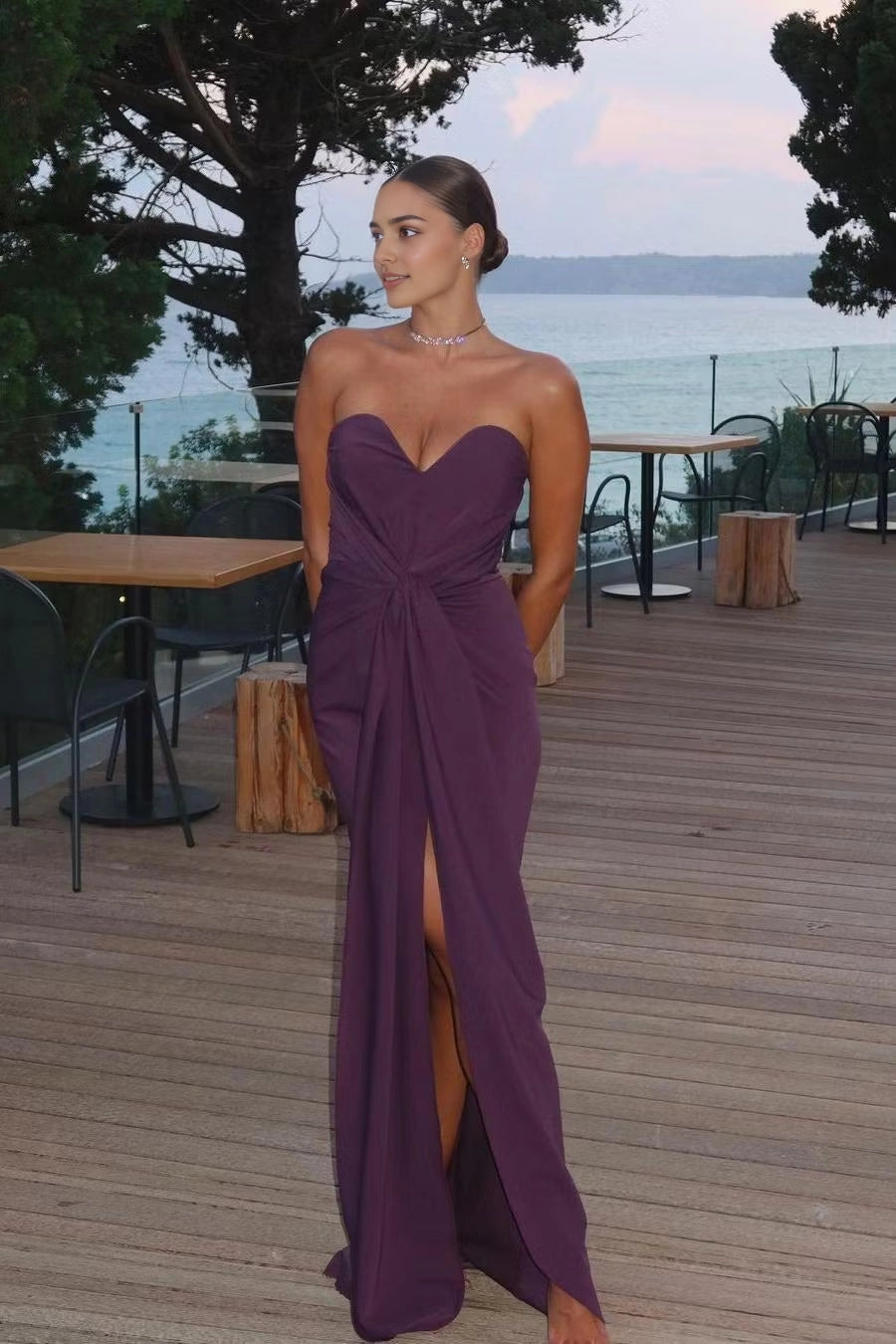 Luolandi Charming Purple Strapless Sweetheart Neck Sleeveless Party Evening Gown Chic Wedding Guest Dress With Split