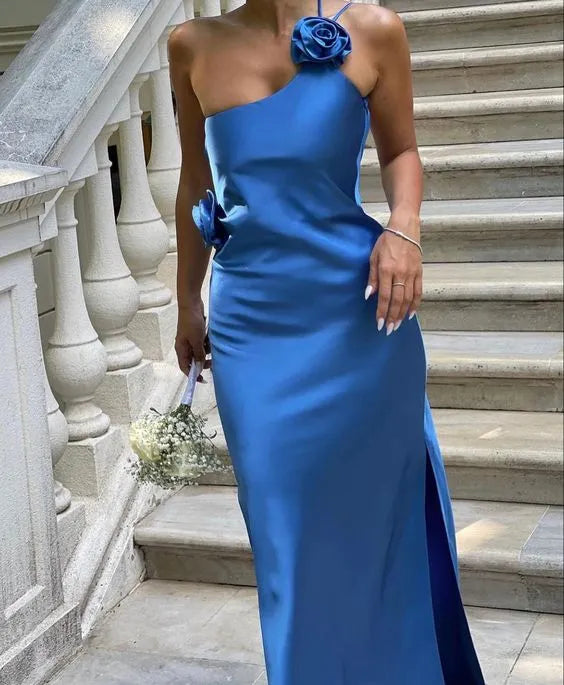 Luolandi Charming Sheath Blue Satin One Shoulder Long Prom Dress Elegant Party Evening Gown With Flowers