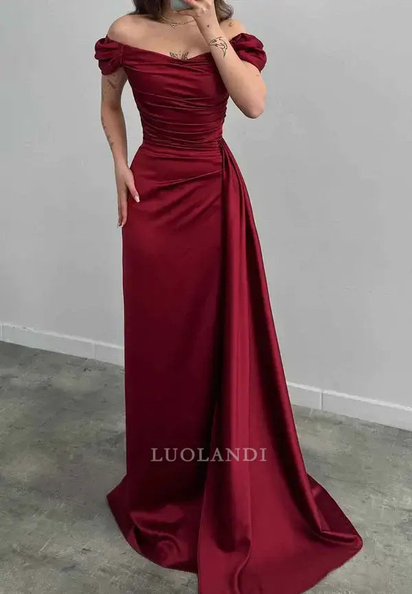Luolandi Charming Sheath Off The Shoulder Pleated Long Formal Prom Dress Elegant Evening Party Gown Fashion Wedding Guest Dress