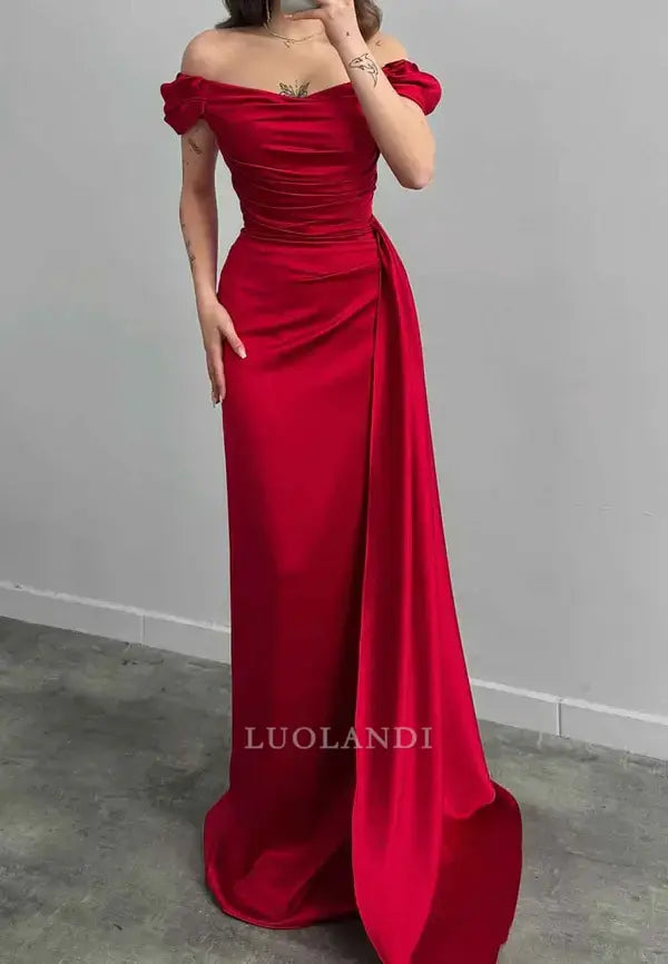 Luolandi Charming Sheath Off The Shoulder Pleated Long Formal Prom Dress Elegant Evening Party Gown Fashion Wedding Guest Dress
