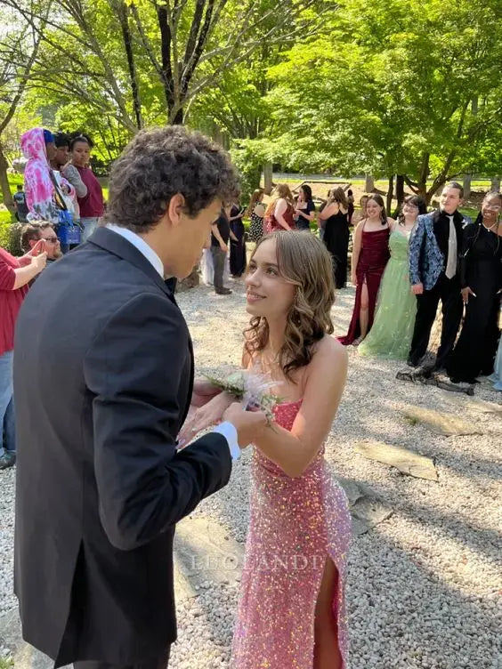 Luolandi Charming Sheath Spaghetti Straps Sleeveless Sequin Long Prom Dress With Slit Sparkly Evening Party Dress