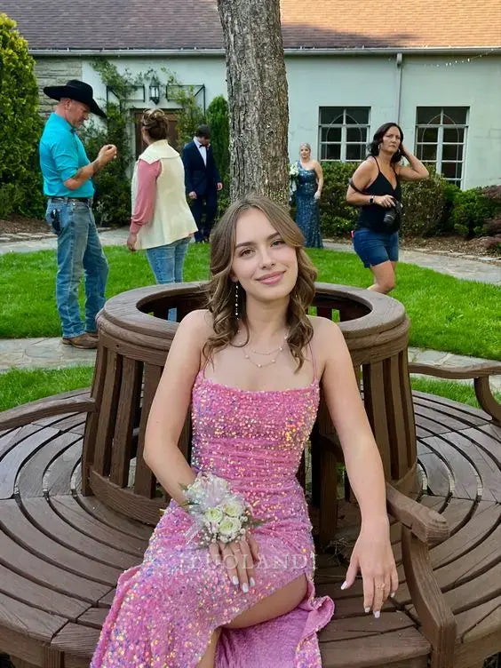 Luolandi Charming Sheath Spaghetti Straps Sleeveless Sequin Long Prom Dress With Slit Sparkly Evening Party Dress