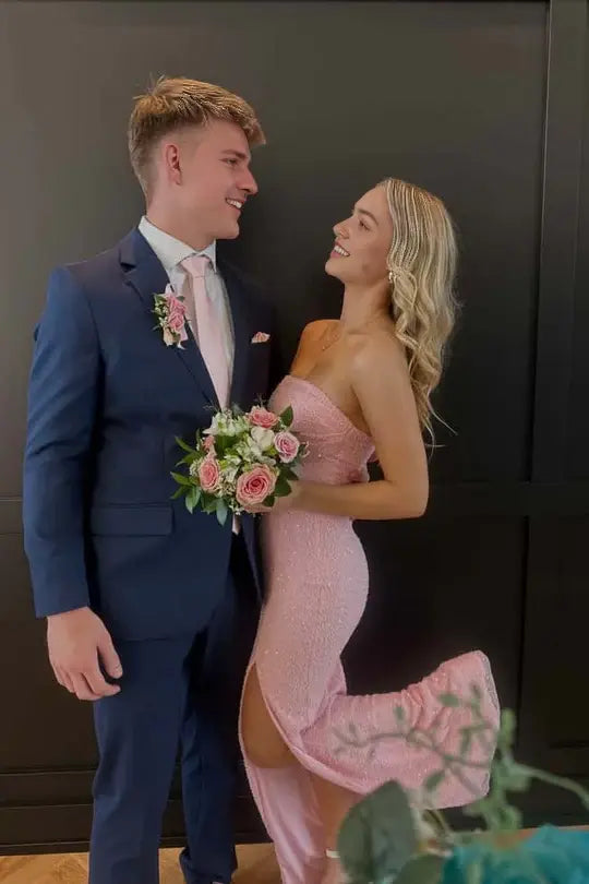 Luolandi Charming Sheath Strapless Light Blue Long Formal Prom Dresses with Slit Shiny Graduation Dress Elegant Party Evening Gowns