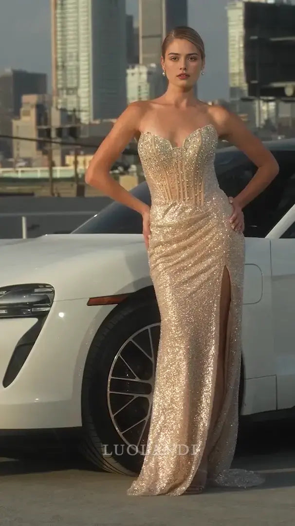 Luolandi Charming Sheath Strapless Long Formal Prom Dresses with Slit Sexy Party Evening Gowns Shiny Graduation Dress