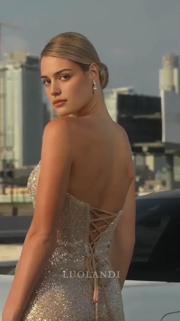 Luolandi Charming Sheath Strapless Long Formal Prom Dresses with Slit Sexy Party Evening Gowns Shiny Graduation Dress