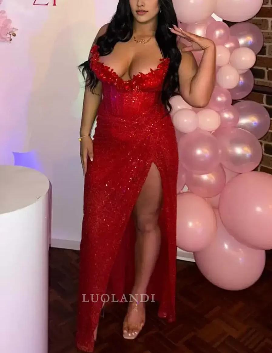 Luolandi Charming Sheath Strapless Sleeveless Long Formal Prom Dress With Slit Black Girl Birthday Party Dress Sexy Evening Gowns