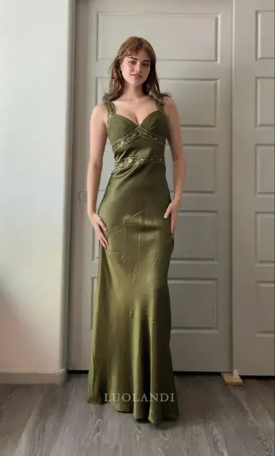 Luolandi Charming Sleeveless Satin Beaded Long Formal Prom Dress Elegant Evening Party Dress