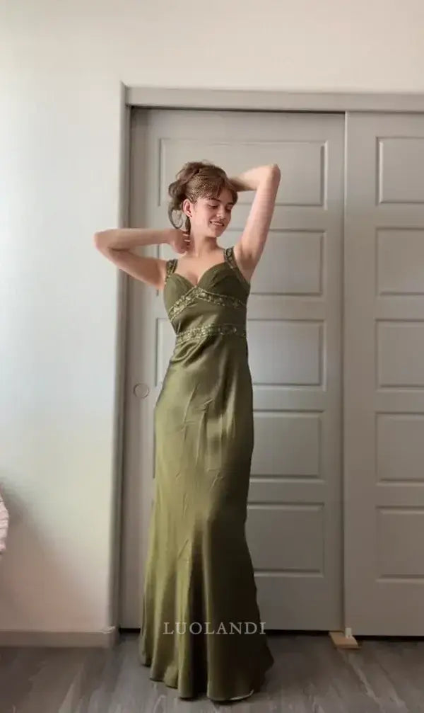 Luolandi Charming Sleeveless Satin Beaded Long Formal Prom Dress Elegant Evening Party Dress