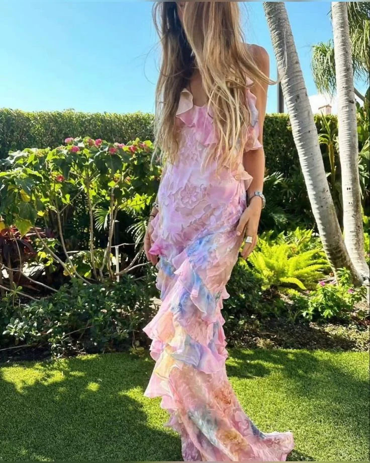 Luolandi Charming Spaghetti Straps Backless Ruffles Long Prom Dress Sweetheart Party Dress Formal Dress