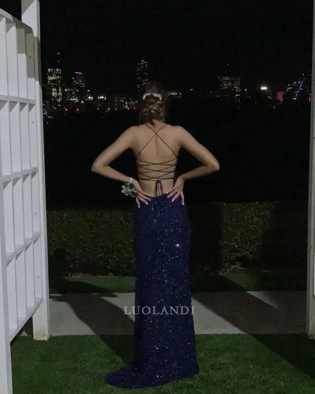 Luolandi Charming Spaghetti Straps Blue Sequin Long Formal Prom Dress With Slit Sparkly Sleeveless Birthday Party Dress Sexy Evening Gowns
