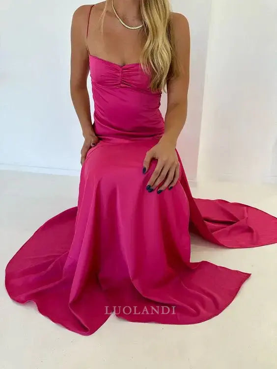 Luolandi Charming Spaghetti Straps Sleeveless Satin Formal Prom Dress With Slit Lovely Party Evening Gowns Sexy Graduation Dress Maxi Dress For Girls