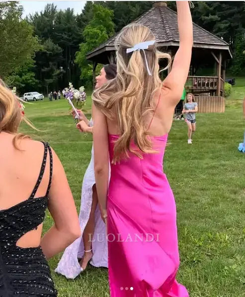 Luolandi Charming Spaghetti Straps Sleeveless Satin Formal Prom Dress With Slit Lovely Party Evening Gowns Sexy Graduation Dress Maxi Dress For Girls