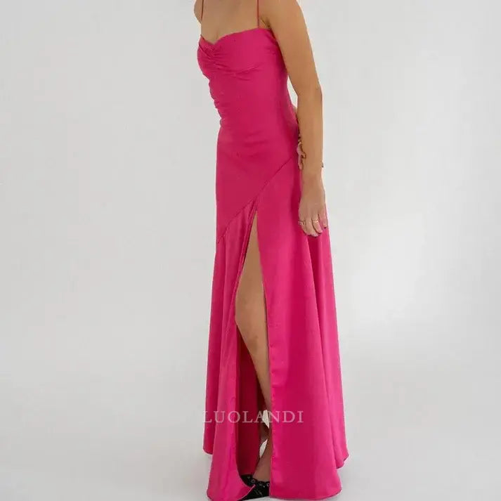 Luolandi Charming Spaghetti Straps Sleeveless Satin Formal Prom Dress With Slit Lovely Party Evening Gowns Sexy Graduation Dress Maxi Dress For Girls