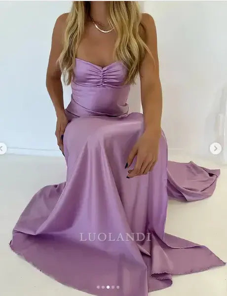 Luolandi Charming Spaghetti Straps Sleeveless Satin Formal Prom Dress With Slit Lovely Party Evening Gowns Sexy Graduation Dress Maxi Dress For Girls
