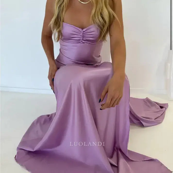 Luolandi Charming Spaghetti Straps Sleeveless Satin Formal Prom Dress With Slit Lovely Party Evening Gowns Sexy Graduation Dress Maxi Dress For Girls