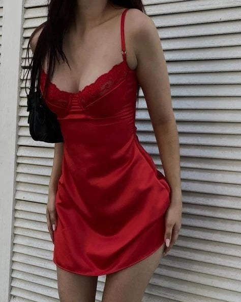 Luolandi Charming Spaghetti Straps Sweetheart Sleeveless Lace Trim Satin Short Homecoming Dress for Women