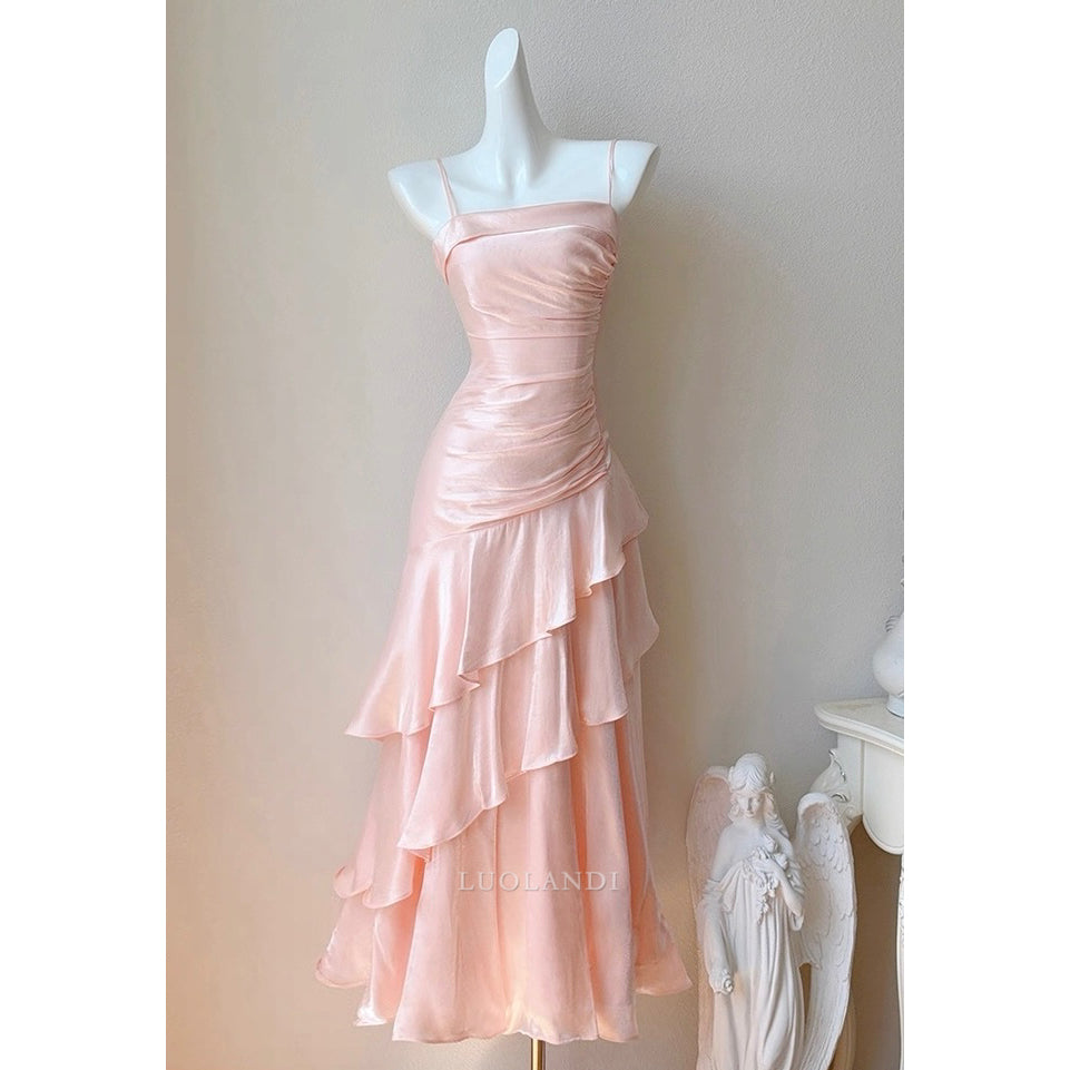 Luolandi Charming Spaghetti Straps Tiered Pleated Sleeveless Long Formal Prom Dress Elegant Party Evening Gowns Sweet Graduation Wedding Guest Dress