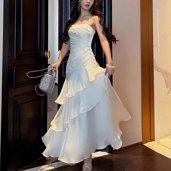 Luolandi Charming Spaghetti Straps Tiered Ruffles Sleeveless Long Formal Prom Dress Pretty Party Evening Gown
