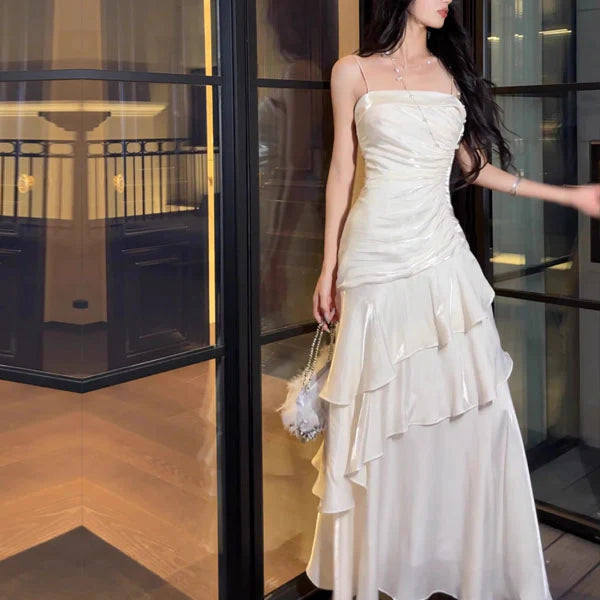 Luolandi Charming Spaghetti Straps Tiered Ruffles Sleeveless Long Formal Prom Dress Pretty Party Evening Gown