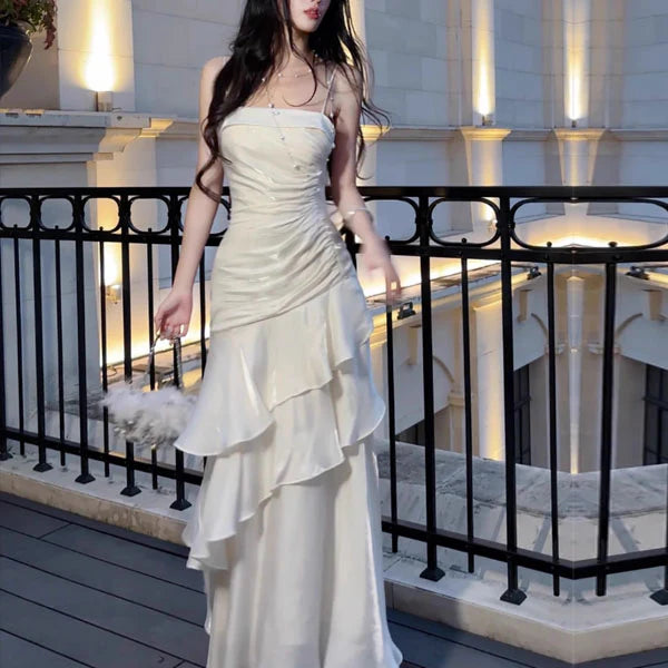 Luolandi Charming Spaghetti Straps Tiered Ruffles Sleeveless Long Formal Prom Dress Pretty Party Evening Gown