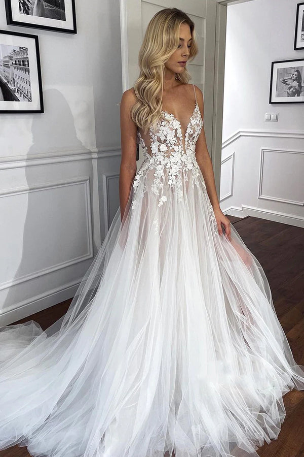 Luolandi Charming Spaghetti Straps V-Neck Lace Appliques A-line Tulle Romantic Wedding Dress Sexy Bridal Gown