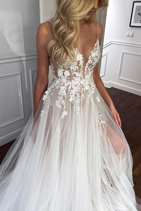 Luolandi Charming Spaghetti Straps V-Neck Lace Appliques A-line Tulle Romantic Wedding Dress Sexy Bridal Gown