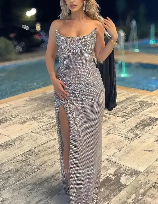 Luolandi Charming Strapless Sleeveless Long Formal Prom Dress With Slit Sexy Evening Gown Fashion Birthday Party Dress