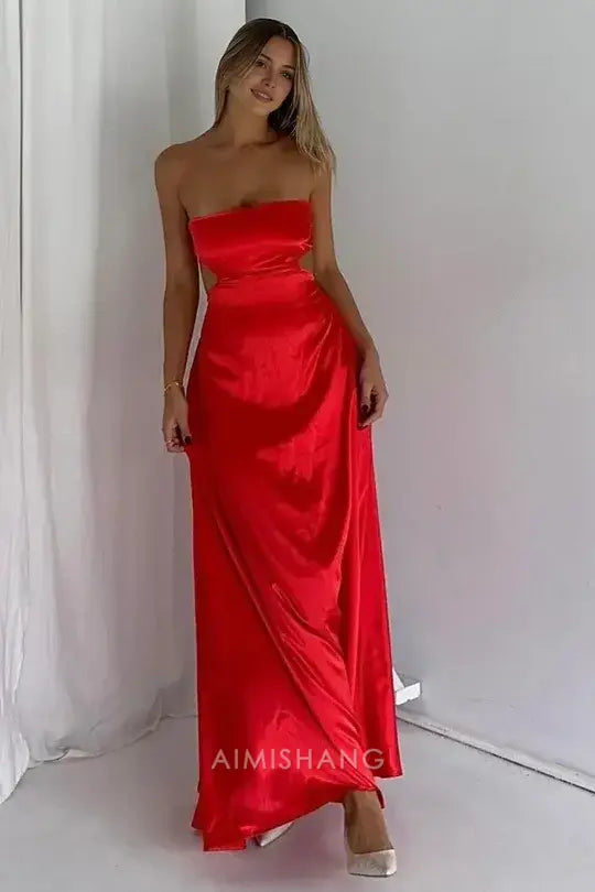 Luolandi Charming Strapless Sleeveless Long Prom Dress Sexy Evening Gown Simple Party Dress