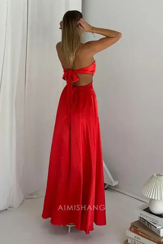 Luolandi Charming Strapless Sleeveless Long Prom Dress Sexy Evening Gown Simple Party Dress