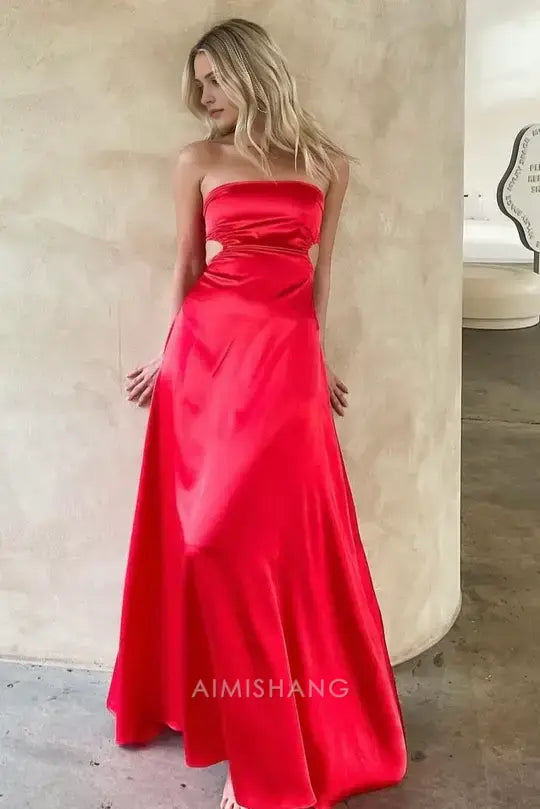 Luolandi Charming Strapless Sleeveless Long Prom Dress Sexy Evening Gown Simple Party Dress