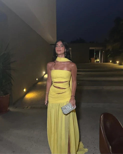 Luolandi Charming Strapless Yellow A Line Long Formal Prom Dress Elegant Evening Party Dres With Slits