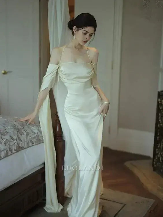 Luolandi Charming Straps Satin Party Evening Gowns Simple Long Formal Prom Dress Elegant Wedding Guest Dress