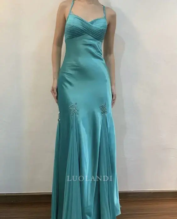 Luolandi Charming Straps Sleeveless Long Formal Prom Dress Elegant Evening Gown Party Dress with Appliques