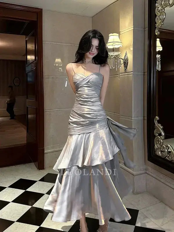 Luolandi Charming Sweetheart Spaghetti Straps Tiered Pleated Long Formal Prom Dress Elegant Sleeveless Party Evening Gowns Sweet Graduation Wedding Guest Dress