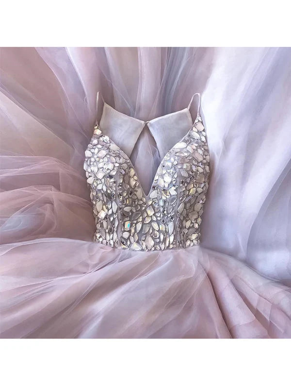 Luolandi Charming V-neck Spaghetti Straps Neckline Ball Gown Wedding Dresses With Rhinestones