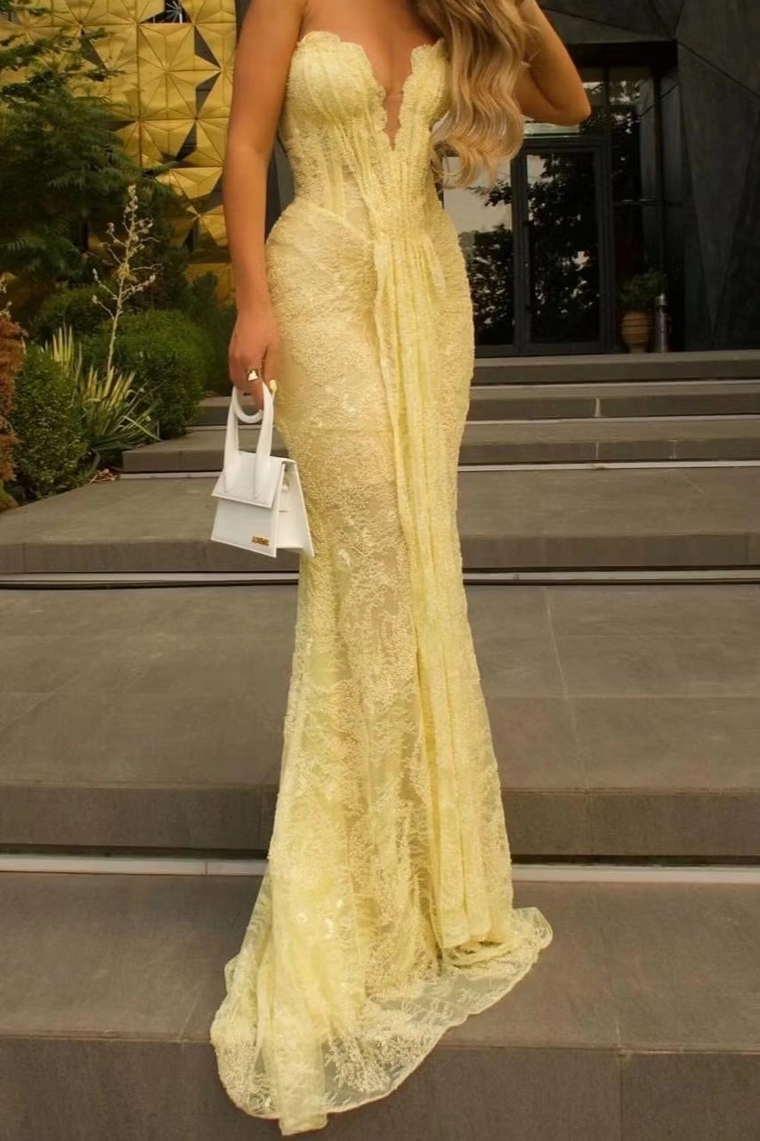 Luolandi Charming Yellow Mermaid Strapless Sleeveless Lace Party Evening Gown Sexy Long Prom Dress