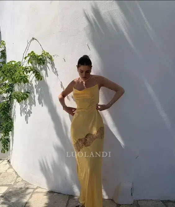 Luolandi Charming Yellow Satin Sleeveless Long Formal Prom Dress Elegant Graduation Dress Chic Party Evening Gowns