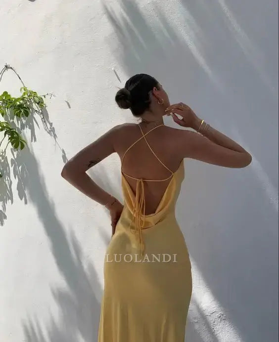 Luolandi Charming Yellow Satin Sleeveless Long Formal Prom Dress Elegant Graduation Dress Chic Party Evening Gowns