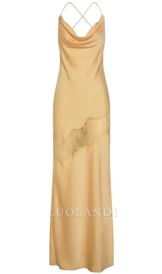 Luolandi Charming Yellow Satin Sleeveless Long Formal Prom Dress Elegant Graduation Dress Chic Party Evening Gowns