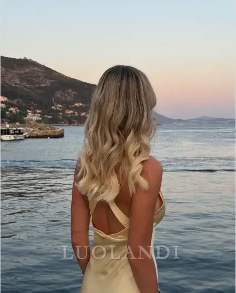 Luolandi Charming Yellow V-neck Sleeveless Long Prom Dress Elegant Evening Dress Simple Party Dress