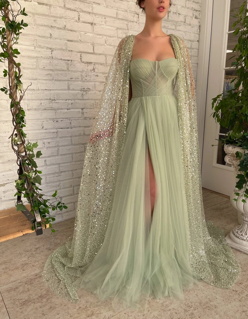 Luolandi Chic A Line Sweetheart Tulle Sage Long Slit Cape Wraps Prom Dresses Modest Long Evening Gowns Sparkly