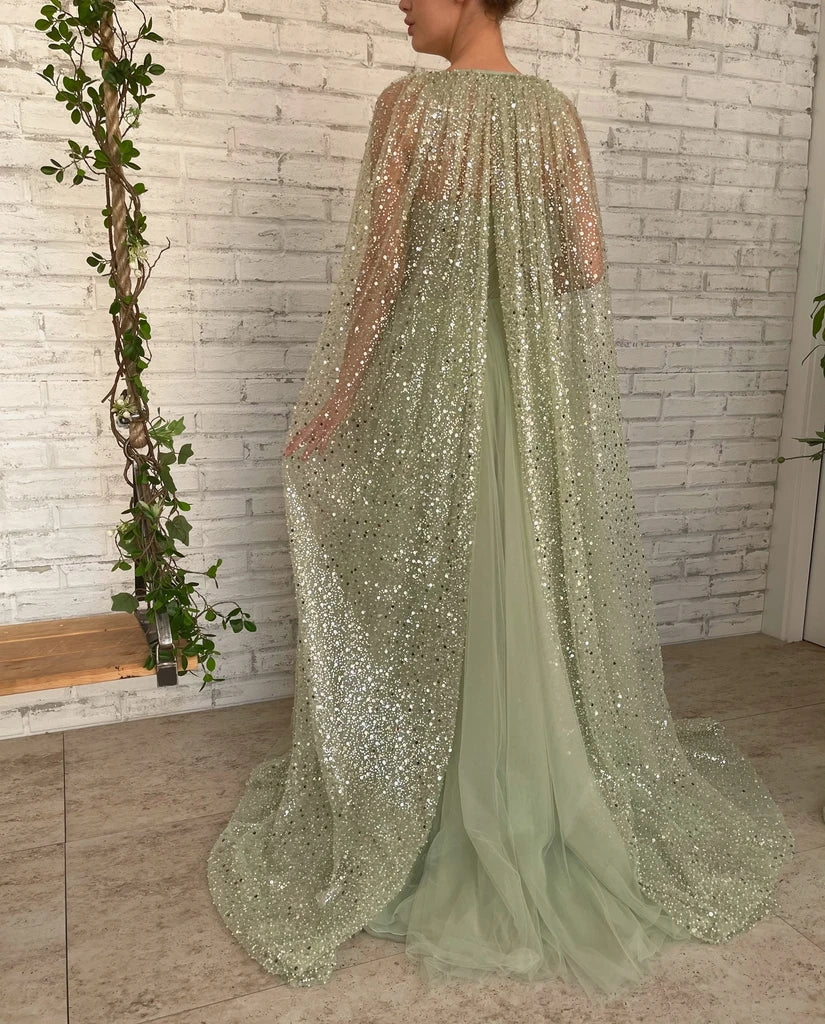 Luolandi Chic A Line Sweetheart Tulle Sage Long Slit Cape Wraps Prom Dresses Modest Long Evening Gowns Sparkly