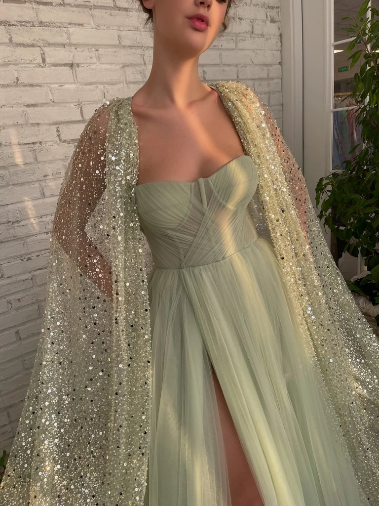 Luolandi Chic A Line Sweetheart Tulle Sage Long Slit Cape Wraps Prom Dresses Modest Long Evening Gowns Sparkly