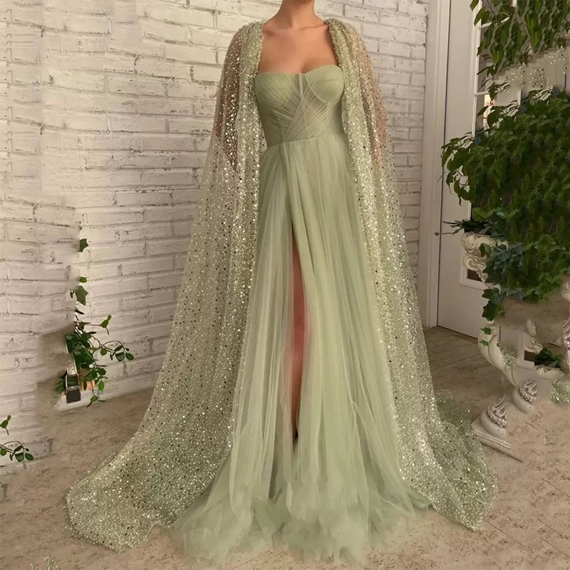 Luolandi Chic A Line Sweetheart Tulle Sage Long Slit Cape Wraps Prom Dresses Modest Long Evening Gowns Sparkly