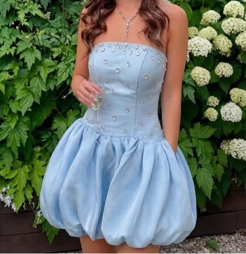 Luolandi Chic A-Line Blue Sleeveless Beaded Puffy Short Party Homecoming Dress