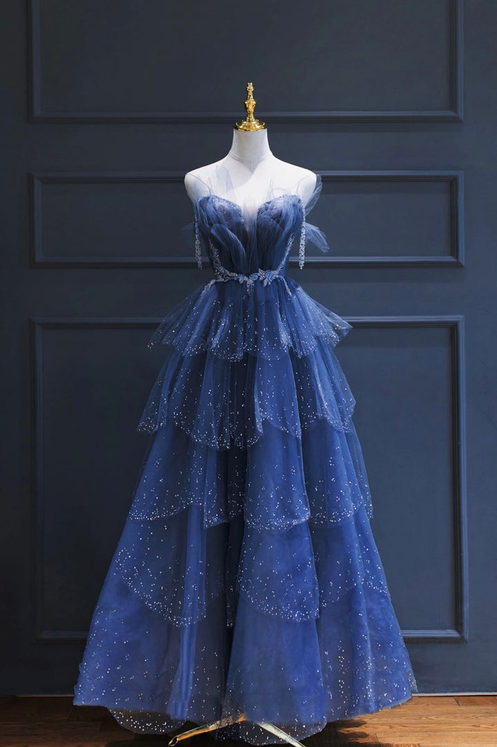 Luolandi Chic A-Line Blue Strapless Tulle Beaded Long Senior Prom Dress Charming Evening Party Dress