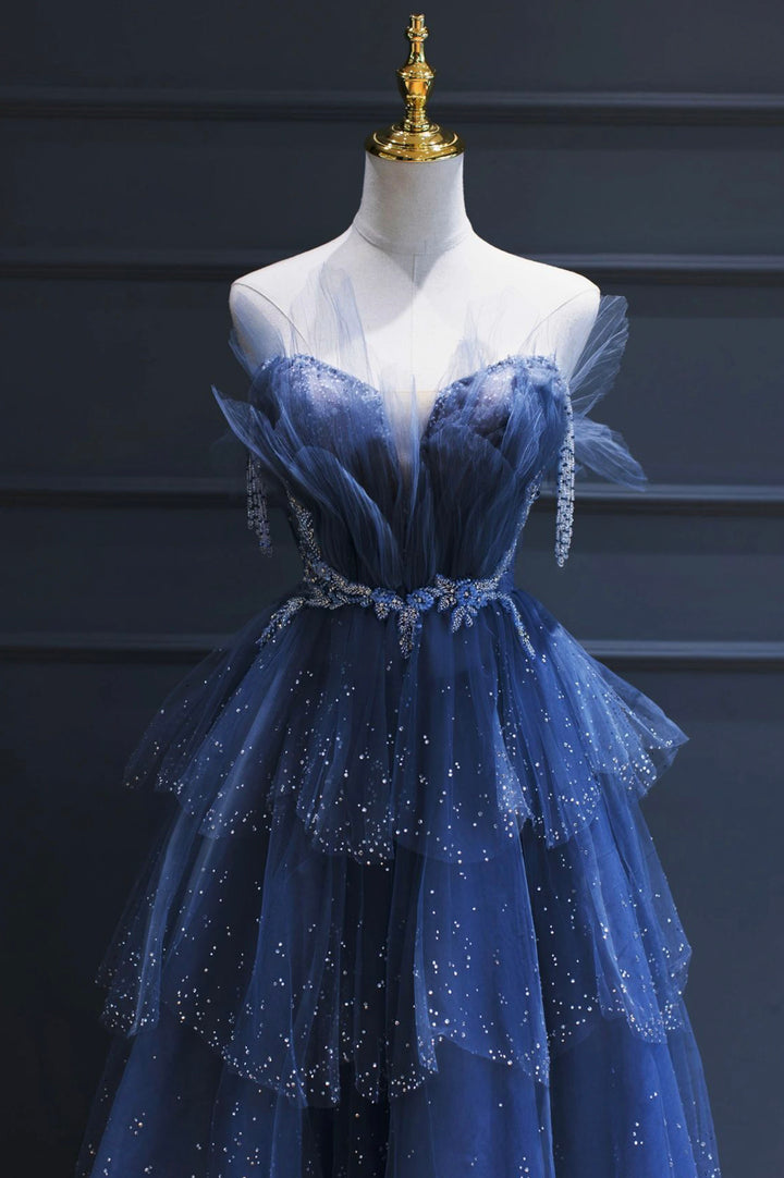 Luolandi Chic A-Line Blue Strapless Tulle Beaded Long Senior Prom Dress Charming Evening Party Dress