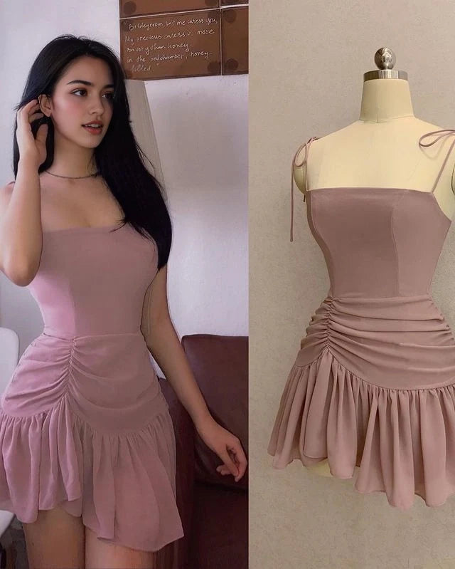 Luolandi Chic A-Line Straight Neck Sleeveless Ruched Ruffle Chiffon Short Length Homecoming Dress